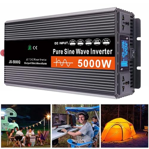 DHsdlpLU Reiner Sinus-Wechselrichter (Spitzenwert: 4000 W/5000 W/6000 W), DC 12 V 24 V 48 V 60 V zu AC 220 V, Doppellüfter + Doppelsteckdose + LCD-Display,5000W-24V von DHsdlpLU