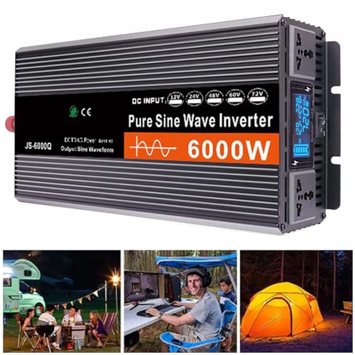 DHsdlpLU Reiner Sinus-Wechselrichter (Spitzenwert: 4000 W/5000 W/6000 W), DC 12 V 24 V 48 V 60 V zu AC 220 V, Doppellüfter + Doppelsteckdose + LCD-Display,6000W-60V von DHsdlpLU