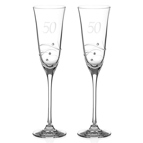 DIAMANTE Sektgläser zum 50. Geburtstag oder Jahrestag von Swarovski, 1 Paar Champagnergläser mit Handgravur "50" mit Swarovski-Kristallen von DIAMANTE