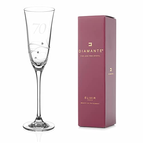 DIAMANTE Swarovski 70. Geburtstag Champagnerglas - Einzelne Kristall Champagnerflöte mit einer handgeätzten "70" - verziert mit Swarovski-Kristallen von DIAMANTE