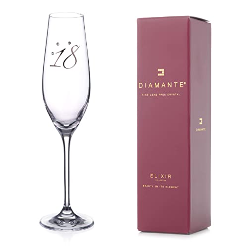 DIAMANTE - Swarovski Champagnerglas „18. Geburtstag“ - In Geschenkverpackung – Champagnerglas aus einzelnem Kristall mit Platin-18-Prägung und Swarovski-Kristallen – in Geschenkverpackung von DIAMANTE