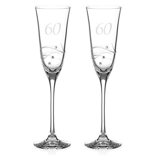 DIAMANTE Swarovski Champagnergläser zum 60. Geburtstag oder Jahrestag – Paar Champagnergläser mit handgeätzten "60" mit Swarovski-Kristallen von DIAMANTE