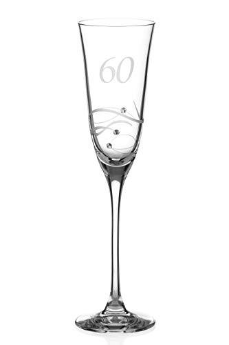 DIAMANTE Swarovski Champagnerglas zum 60. Geburtstag – einzelne Kristall-Sektflöte mit handgeätzter "60" – verziert mit Swarovski-Kristallen von DIAMANTE