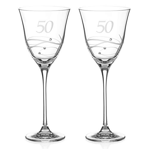 DIAMANTE Swarovski Weingläser zum 50. Geburtstag oder Jahrestag - 1 Paar Kristallweingläser mit Handgravur "50" mit Swarovski-Kristallen von DIAMANTE