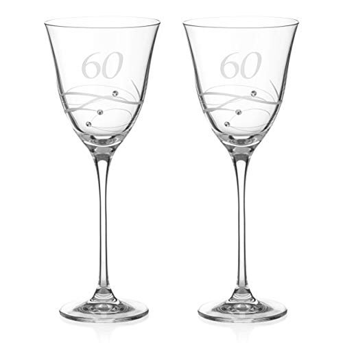 DIAMANTE Swarovski Weingläser zum 60. Geburtstag oder Jahrestag, 1 Paar Kristall-Weingläser mit Handgravur "60" mit Swarovski-Kristallen von DIAMANTE