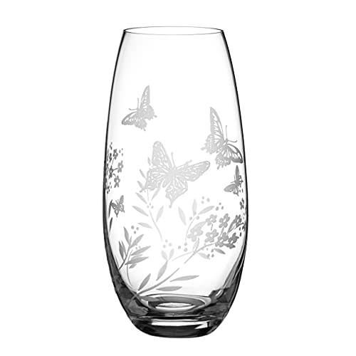 DIAMANTE Vase "Butterfly", handgeätzt, Schmetterling, Wildblumen, Blumenmuster, Fassvase, 25 cm, transparent von DIAMANTE