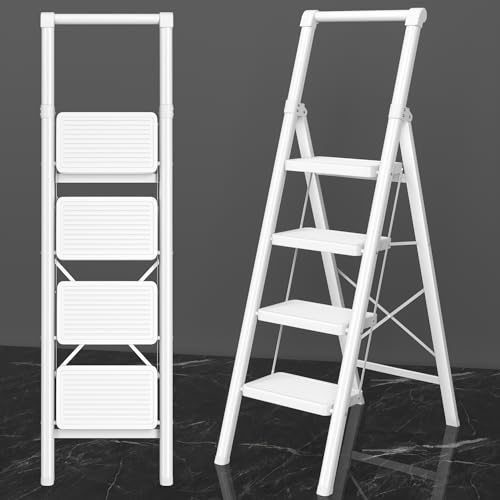 4 Stufen Leiter, DIAMONDFORGE Klapptritt Hocker mit breitem Anti-Rutsch-Pedal, Anti-Rutsch-Füßen und Handgriff, stabilste Stahlkonstruktion, Stahlleiter für Zuhause, Weiß von DIAMONDFORGE