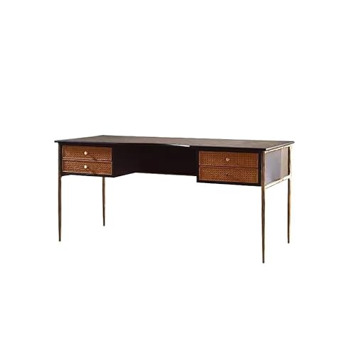DIANXI Moderner Gaming-Schreibtisch 152x67x75cm Moderner Vintage Metall-Schreibtisch mit Rattan Massivholz, Möbel für Wohnzimmer, Büro, Schlafzimmer Studienschreibtisch von DIANXI