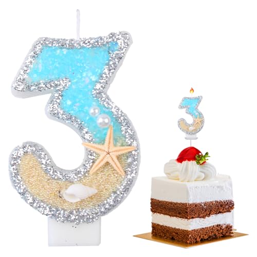 Geburtstagskerze 3,Zahlenkerze,Geburtstagskerzen Zahlen,Zahlen Kerzen,Geburtstag Kerzen,Geburtstagskerzen für Torte,Kerze 3 Geburtstag,3D Birthday Candles,Meeresthema,7.5cm (Nummer 3) von DIAONIAN