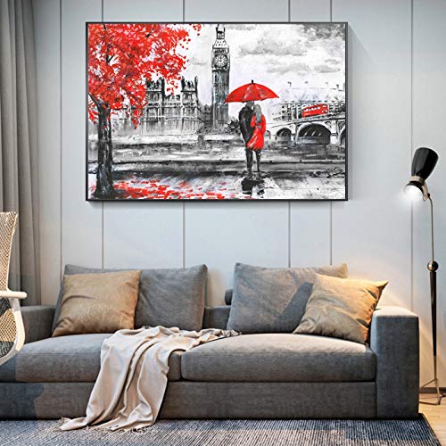 DIARQT Dekorative Gemälde Romantische Liebhaber unter Regenschirm unter rotem Baum Leinwand Malerei Poster Big Ben abstrakte Wandkunst Bilder für Wohnzimmer Dekor Wandkunstmalerei-24x32inch von DIARQT