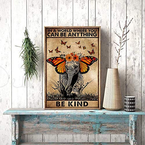 DIARQT Dekorative Gemälde Seien Sie freundlich Retro Poster Elefant mit Schmetterling Vintage Drucke Mental Health Art Zitat Leinwand Paitning Wandbilder Home Decor Wandkunstmalerei-24x32inch von DIARQT