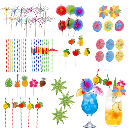 100 Stück Cocktail Umbrellas Accessories, Cocktailspieße Deko Strohhalme Rührer Sticks, CocktailParty Decorations mit Wunderkerzenstäbe Regenschirme Strohhalme, Cocktailschirmchen für Sommer, Festival von DIBALIYI
