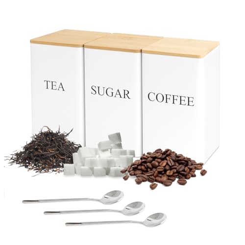 DIBALIYI 3PCS Metall Teebox, Weiß Klarer Tee Organizer mit 3 Löffel, Gewürzdose Teedose, Tee Aufbewahrung für Kaffee Müsli Zucker (Weiß) von DIBALIYI