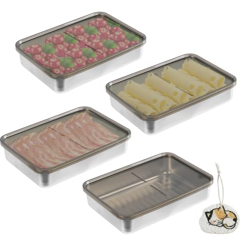 DIBALIYI 4PCS Aufschnittbox Fresh, Edelstahl Aufschnittboxen mit Schwamm Wischtuch, 800 ml Lebensmittel Edelstahl-Box mit Deckel, Kühlschrank Organizer für Aufbewahrung Käse, Fleisch von DIBALIYI