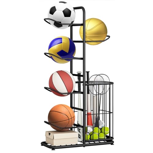 DIBALIYI Ballständer Basketball Aufbewahrungsregal, Abnehmbares Standing Rackhalter mit 5 Ball Ständer und Körben, Aufbewahrung Regal, Organizer für Sportgeräte Volleyball Rugby Anzeigen Fußball von DIBALIYI