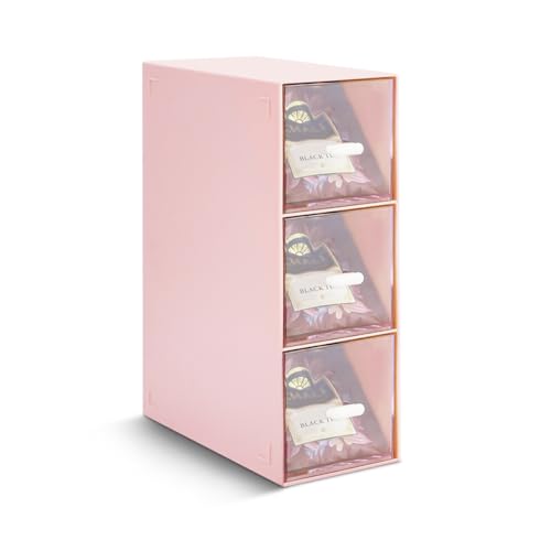 DIBALIYI 1PCS Kunststoff Organizer mit Schubladen, Klarer Deckel Schubladenbox Stapelbar, Tee Aufbewahrungsboxen für Teebeutel, Kaffeepads, Nagellack, Schminktisch Organizer(1pc Rosa) von DIBALIYI