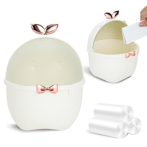 DIBALIYI Mini TischmüLleimer mit Deckel, Kawaii Mülleimer mit 3 Rollen Müllsäcke, Karikatur Tier Papierkorb Kinderzimmer für Büro Auto Küche Bad, 19,5 * 15 * 15cm (Beige) von DIBALIYI