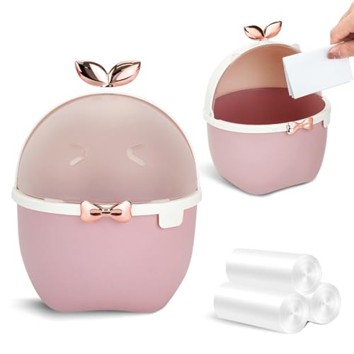 DIBALIYI Mini TischmüLleimer mit Deckel, Kawaii Mülleimer mit 3 Rollen Müllsäcke, Karikatur Tier Papierkorb Kinderzimmer für Büro Auto Küche Bad, 19,5 * 15 * 15cm (Rosa) von DIBALIYI