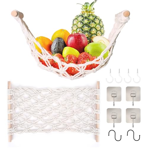 Hängende Obsthängematte, Obst Hängendes Netz Handgefertigt Gewebt mit 4 Stück Haken Ohne Bohren und 2 Stück S-Haken, Platzsparend hängematte für obst unter Schrank für Küche Zuhause Wohnmobile von DIBALIYI