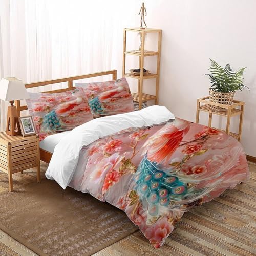 DICENOR Pfauen Ultra Weich Zimmer Dekor Betten Set Mikrofaser Tier Daunendecke Niedliches 3-teilig Jungen - 2 Mit Kissenbezügen(50 * 75), Super King（260x220cm） von DICENOR