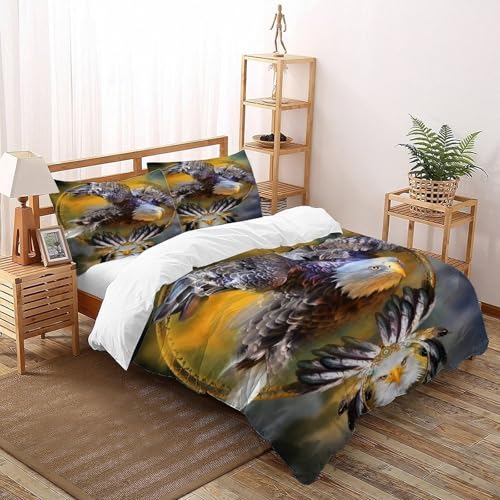 Adler Totem Bettwäsche Set Tiere Bettdeckenbezug 3teilig Microfaser Weiche Für Doppelbett Und 1 Kissenbezug Double（200x200cm） von DICENOT