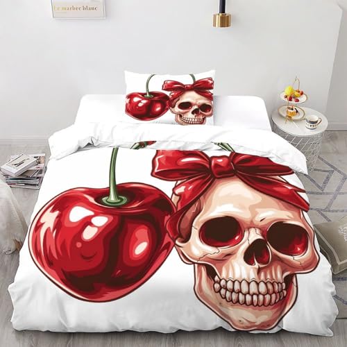 DICENOT Roter Kirschschschädel Bettwäsche-Sets Kunst Bettdeckenbezug 2teilig Microfaser Weiche Jugendliche Und 2 Kissenbezüge Single（135x200cm） von DICENOT