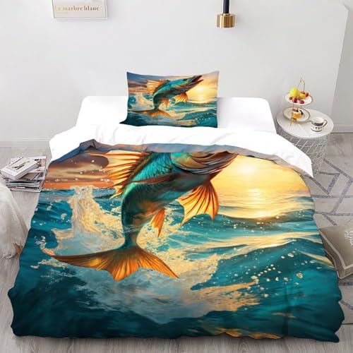 DICENOT Seebass Bettwäsche-Sets Tiere Bettdeckenbezug 2teilig Microfaser Weiche Für Mädchen Jungen Und 1 Kissenbezug Single（135x200cm） von DICENOT