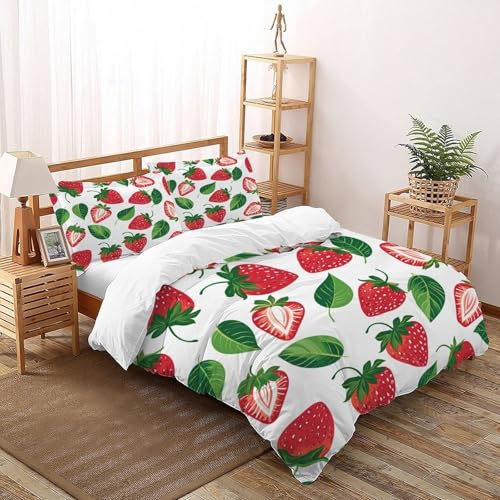 Erdbeere Bettwäsche Set Früchte Bettdeckenbezug 3teilig Microfaser Weiche Für Doppelbett Und 1 Kissenbezug King（220x240cm） von DICENOT