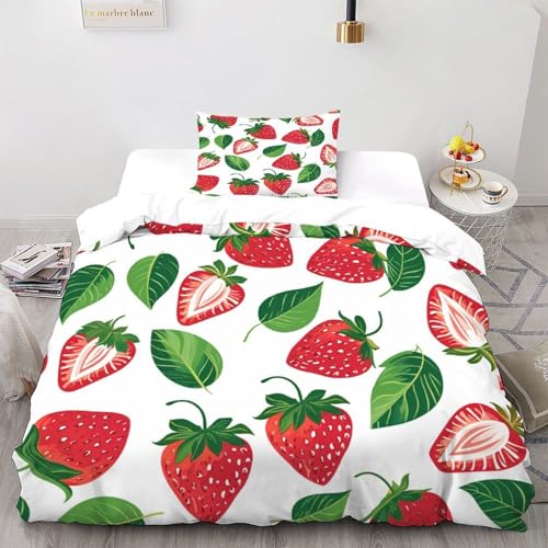 Erdbeere Bettwäsche-Sets Früchte Bettdeckenbezug 2teilig Microfaser Weiche Für Doppelbett Und 1 Kissenbezug Single（135x200cm） von DICENOT