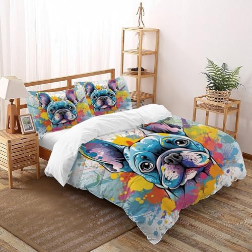 Französische Bulldogge Bettwäsche Set Kunst Tiere Bettdeckenbezug 3teilig Microfaser Weiche Für Doppelbett Und 2 Kissenbezüge Double（200x200cm） von DICENOT