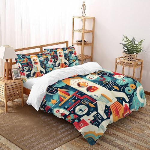 Geometrische Rakete Bettwäsche Set Kunst Bettdeckenbezug 3teilig Microfaser Weiche Für Doppelbett Und 1 Kissenbezug Double（200x200cm） von DICENOT