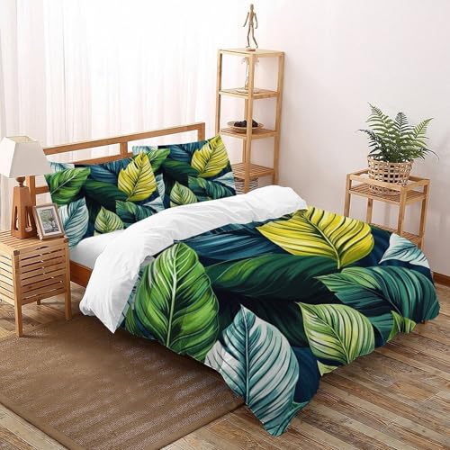 Grüne Blätter Bettwäsche-Sets Kunst Bettdeckenbezug 3teilig Microfaser Weiche Für Doppelbett Und 1 Kissenbezug Double（200x200cm） von DICENOT