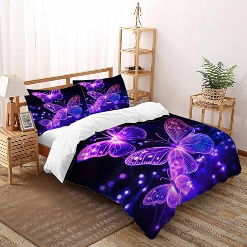 Lila Schmetterling Bettwäsche Set Kunst Bettdeckenbezug 3teilig Microfaser Weiche Für Doppelbett Mit Reißverschluss King（220x240cm） von DICENOT
