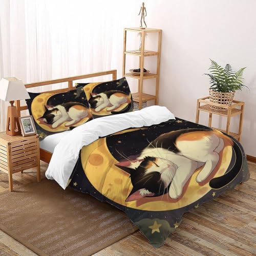 Lustige Katze Bettwäsche Set Tiere Bettbezug 3teilig Microfaser Weiche Für Doppelbett Und 2 Kissenbezüge Double（200x200cm） von DICENOT