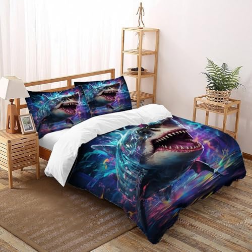 Riesenhai Bettwäsche Set Tiere Bettdeckenbezug 3teilig Microfaser Weiche Für Doppelbett Und 2 Kissenbezüge Super King（260x220cm） von DICENOT