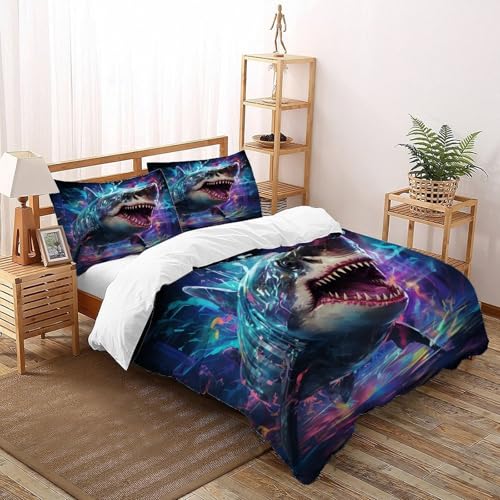 Riesenhai Bettwäsche Set Tiere Bettdeckenbezug 3teilig Microfaser Weiche Jugendliche Mit Reißverschluss King（220x240cm） von DICENOT