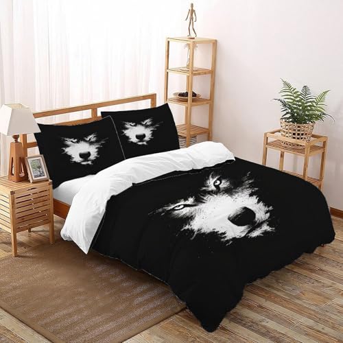 Schwarzer Wolf Bettwäsche Set Tiere Bettdeckenbezug 3teilig Microfaser Weiche Für Doppelbett Mit Reißverschluss King（220x240cm） von DICENOT