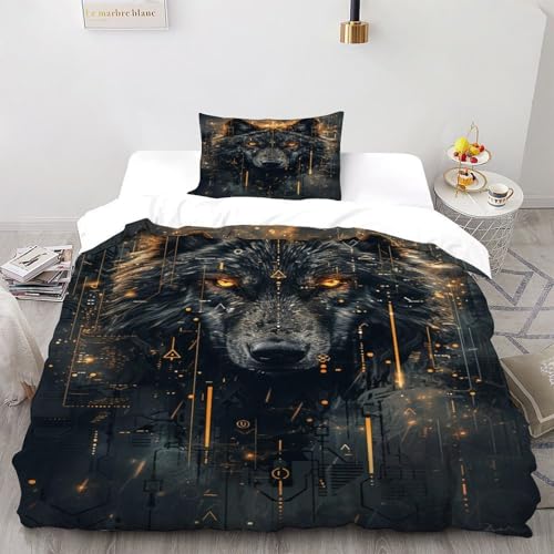Schwarzer Wolf Bettwäsche-Sets Tiere Bettdeckenbezug 2teilig Microfaser Weiche Für Doppelbett Und 2 Kissenbezüge Single（135x200cm） von DICENOT