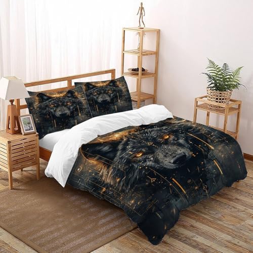 Schwarzer Wolf Bettwäsche-Sets Tiere Bettdeckenbezug 3teilig Microfaser Weiche Für Doppelbett Und Kissenbezug King（220x240cm） von DICENOT