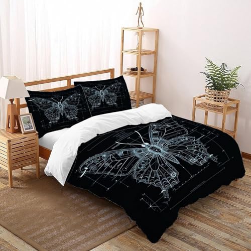 weißer Schmetterling Bettwäsche-Sets Kunst Bettbezug 3teilig Microfaser Weiche Für Doppelbett Und Kissenbezug Double（200x200cm） von DICENOT