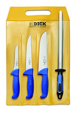 F. DICK Messer Set ErgoGrip 4-teilig (Ausbeinmesser 13 cm „schmal“, Stechmesser 18 cm, Blockmesser, 21 cm, Wetzstahl FineCut, HRC 56°) 82555000, Blau von F. DICK
