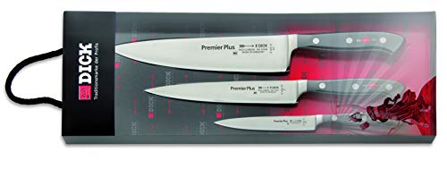 F. DICK Messerset Premier Plus 3-TLG. (Officemesser 12 cm, Kochmesser 21 cm, Tranchiermesser 18 cm, X50CrMoV15 Stahl, nichtrostend, 56° HRC) 81098000, Schwarz von F. DICK