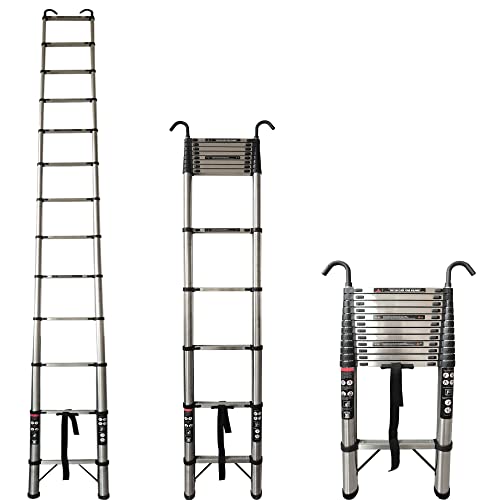 Teleskopleiter 5m Edelstahl klappleiter mit 2 Haken, Klappbar Rutschfester Aluleiter Mehrzweckleiter Sprossenleiter Faltbar Schiebeleiter, max 150 kg Belastbarkeit, Silber Teleskopleiter 5m Edelstahl klappleiter mit 2 Haken, Klappbar Rutschfester Aluleiter Mehrzweckleiter Sprossenleiter Faltbar Schiebeleiter, max 150 kg Belastbarkeit, Silber von DICN