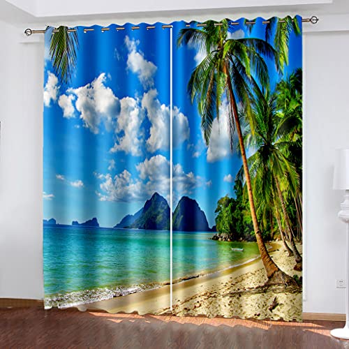 DICOINB Vorhang Blickdicht Ösen Motiv Strand,3D Moderne Gardinen Isolierung Blickdicht 2Er Set Kurz Für Wohnzimmer Schlafzimmer Kinderzimmer,140X120Cm(Hxb)/140X60Cm*2,A1 von DICOINB