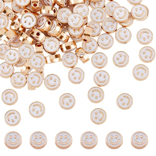 DICOSMETIC 100 Stück Happy Smile Perlen Flache Runde Lächelnde Gesichtsperlen 8mm Glückliche Gesichtsperlen Aus Legierung Emaille Abstandperlen Für Die Schmuckherstellung Bohrung: 1.6mm von DICOSMETIC