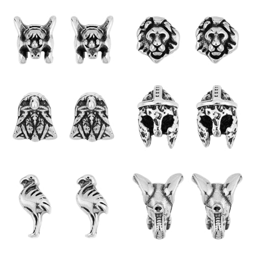 DICOSMETIC 12 Stück 6 Stile Tier Abstandsperlen Edelstahl Perlen Antikes Silber Tierköpfe Perlen Tibetische Lose Perlen Für Die Schmuckherstellung DIY Handwerk Bohrung: 1.8-2.2mm von DICOSMETIC
