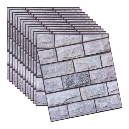 DICOSMETIC 12 Stück Graue 3D-Ziegel-Wandpaneele Abziehbar 11.77x11.37x1 inch PVC Selbstklebende Ziegel-Tapete Strukturierte Wasserdichte Wandaufkleber Für Schlafzimmer Küche von DICOSMETIC