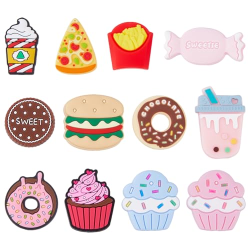 DICOSMETIC 12 Stück Silikon-Fokalperlen für Stift 12 Stile Lebensmittel Themen Silikon Fokusperlen Dessert Cookies Bedruckte Pizza Perlen für Armbänder Perlen Halsketten Stifte Schmuckherstellung von DICOSMETIC