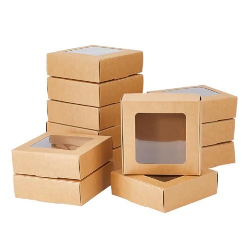 DICOSMETIC 12 große Kraftpapierbox Mit Fenster 4.92x4.92x1.5" Braune Bäckereiboxen Wiederverwendbar Aufbewahrungsbox Für Kekse Gebäck Cupcakes Dessertverpackungen von DICOSMETIC