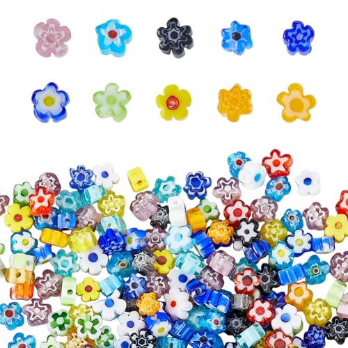 DICOSMETIC 2 Stränge Millefiori Glas Perlen Flache Blumen Perlen Bunte Mosaik Blumen Perlen Würfel Millefiori Perlen Handgefertigte Millefiori Perlen Für Die Schmuckherstellung Ca. 176-220 Stück von DICOSMETIC